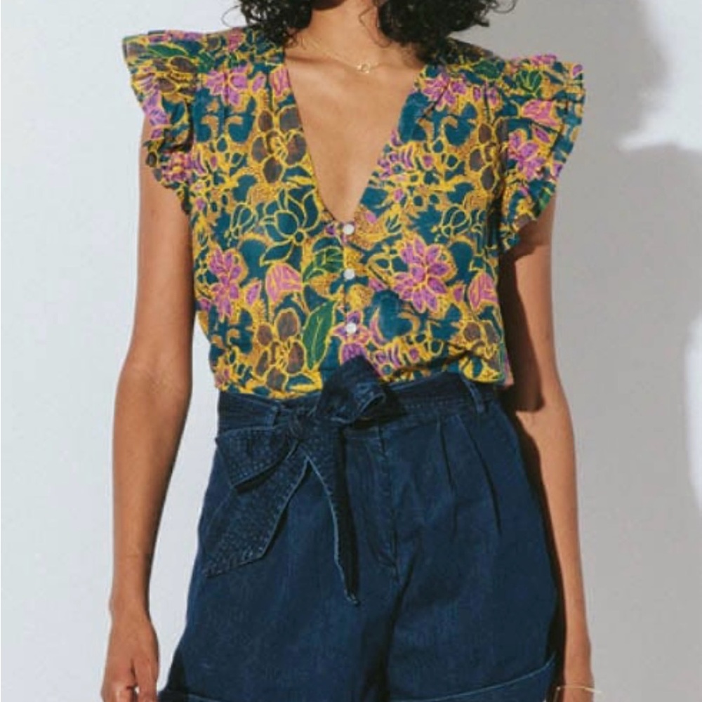 Cleobella Chloe Multicolor Floral Ruffle Organic Cotton Blouse